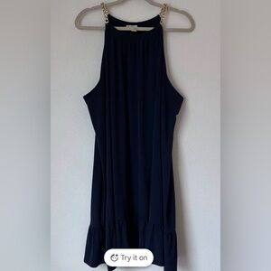 Michael Kors Navy Ruffle-Hem with gold chain Mini Dress